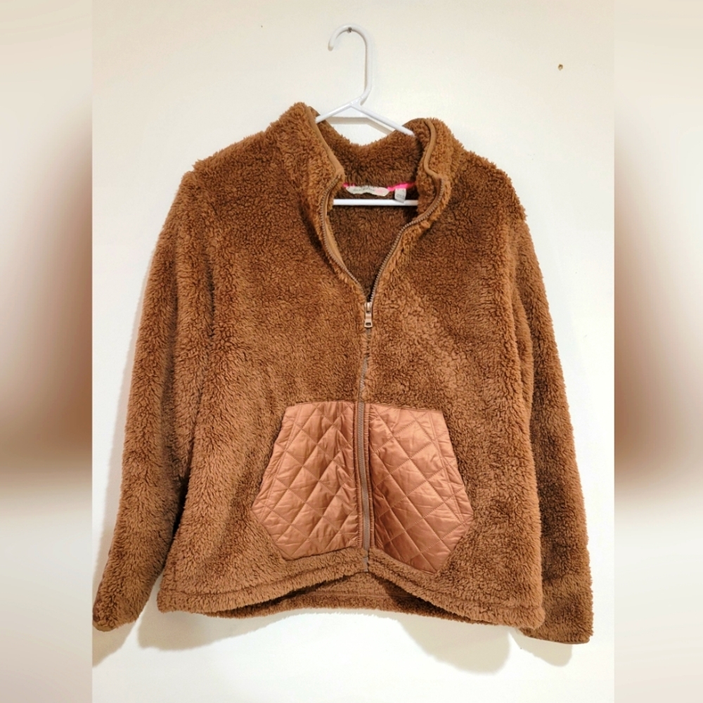  Isaac Mizrahi Live Teddy Fleece Jacket Womens L large Tan Brown Quilted Zip.